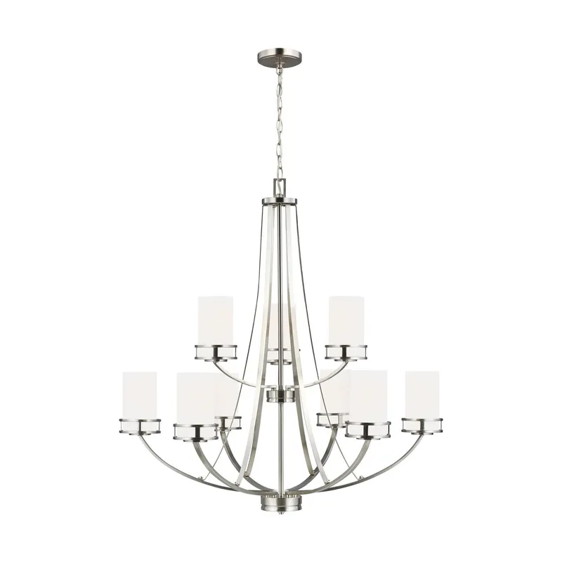 Robie Nine Light Chandelier Transitional 34" Height Steel Round Etched / White Inside Shade in Brushed Nickel