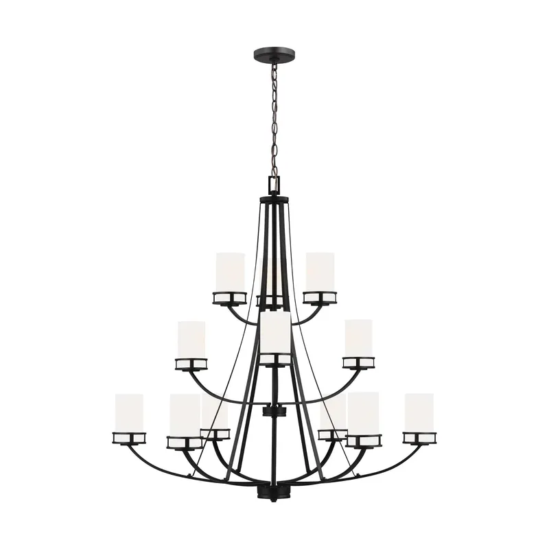 Robie Twelve Light Chandelier Transitional 40.625" Height Steel Round Etched / White Inside Shade in Midnight Black