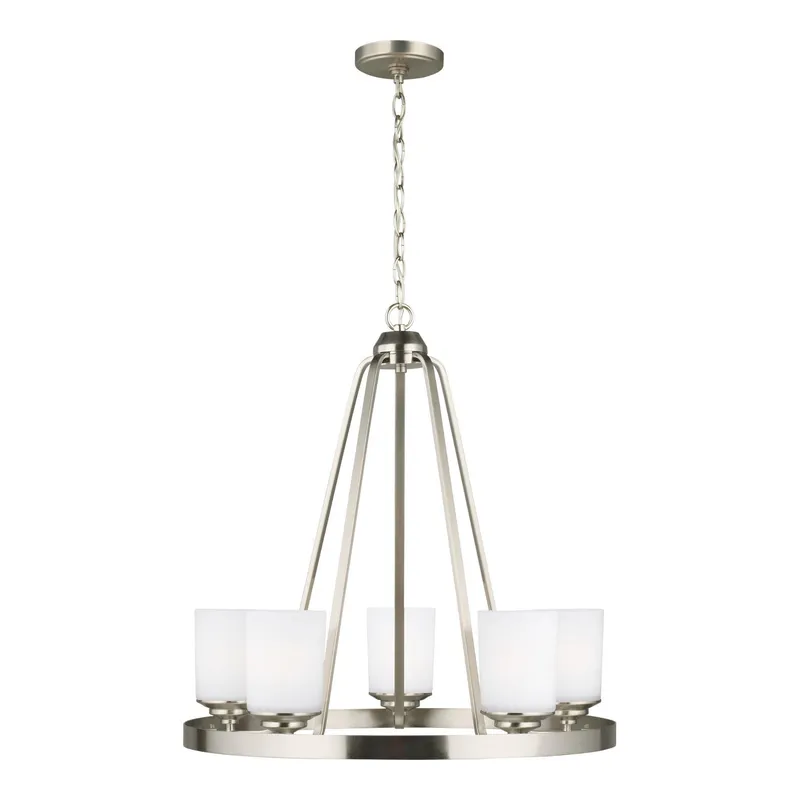 Kemal Five Light Chandelier Transitional 24" Height Steel Round Etched / White Inside Shade in Brushed Nickel