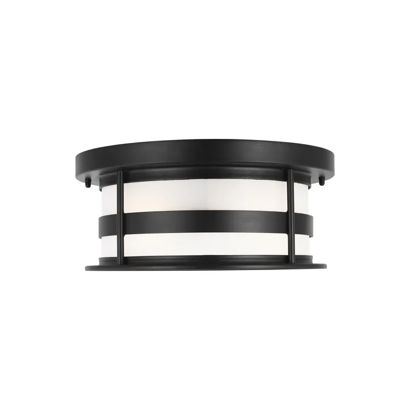 Wilburn Two Light Outdoor Flush Mount Transitional Fixture 5.5" Height Aluminum Round Satin Etched Shade in Black