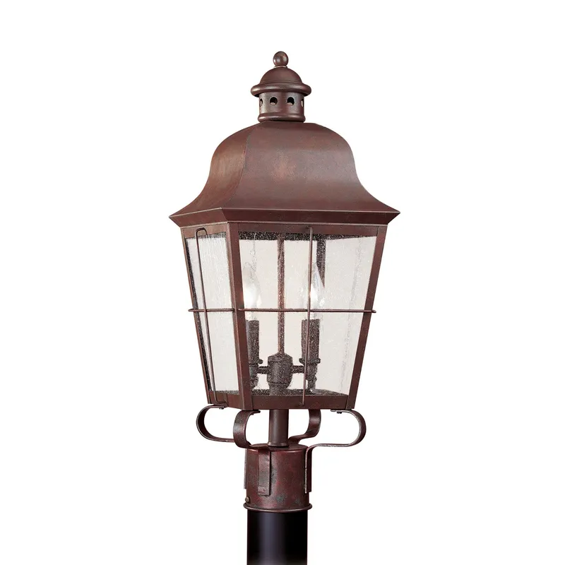 Chatham Two Light Outdoor Post Lantern Traditional Fixture 9.25" Width 22.75" Height Brass Clear Seeded Shade in Weathered Copper