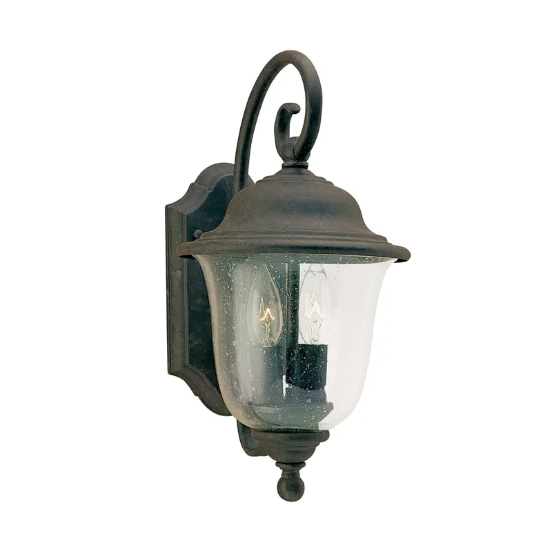Trafalgar Two Light Outdoor Wall Lantern Traditional Fixture 7.5" Width 14.75" Height Aluminum Round Clear Seeded Shade in Oxidized Bronze