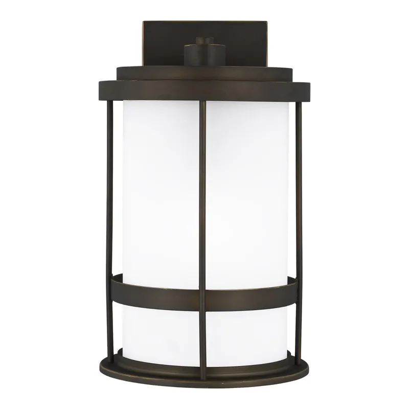 Wilburn Medium One Light Outdoor Wall Lantern Transitional Fixture Dark Sky 8" Width 13.5" Height Aluminum Round Satin Etched Shade in Antique Bronze