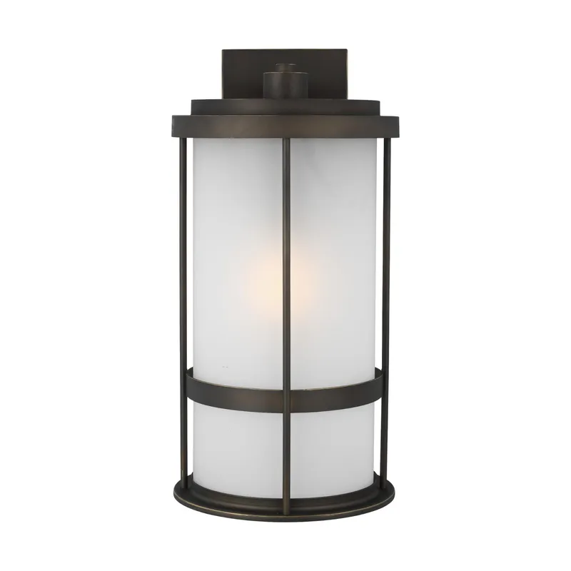 Wilburn Large One Light Outdoor Wall Lantern Transitional Fixture 10" Width 20" Height Aluminum Round Satin Etched Shade in Antique Bronze