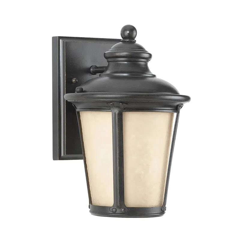 Cape May Small One Light Outdoor Wall Lantern LED Traditional Fixture Dark Sky 7" Width 10.5" Height Aluminum Round Etched Hammered with Amber Shade in Burled Iron