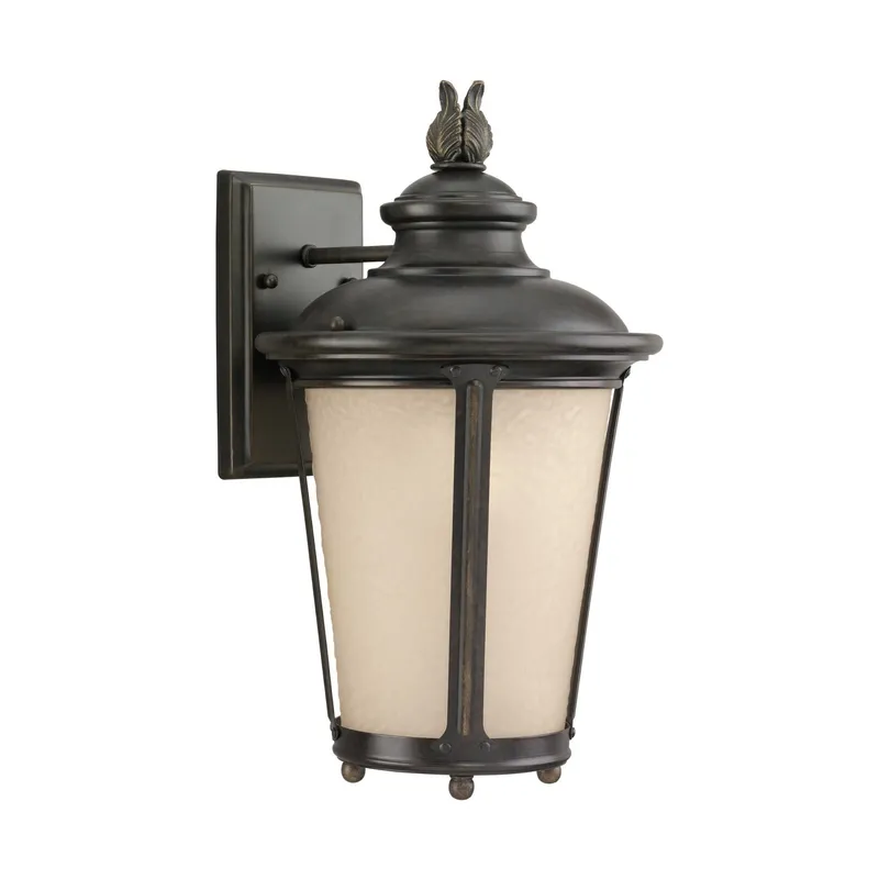 Cape May Medium One Light Outdoor Wall Lantern Traditional Fixture 9" Width 15.5" Height Aluminum Round Etched Hammered with Amber Shade in Burled Iron
