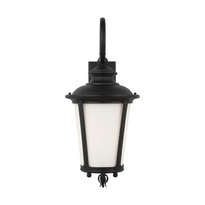 Cape May Large One Light Outdoor Wall Lantern Traditional Fixture 11" Width 26.25" Height Aluminum Round Etched / White Inside Shade in Black