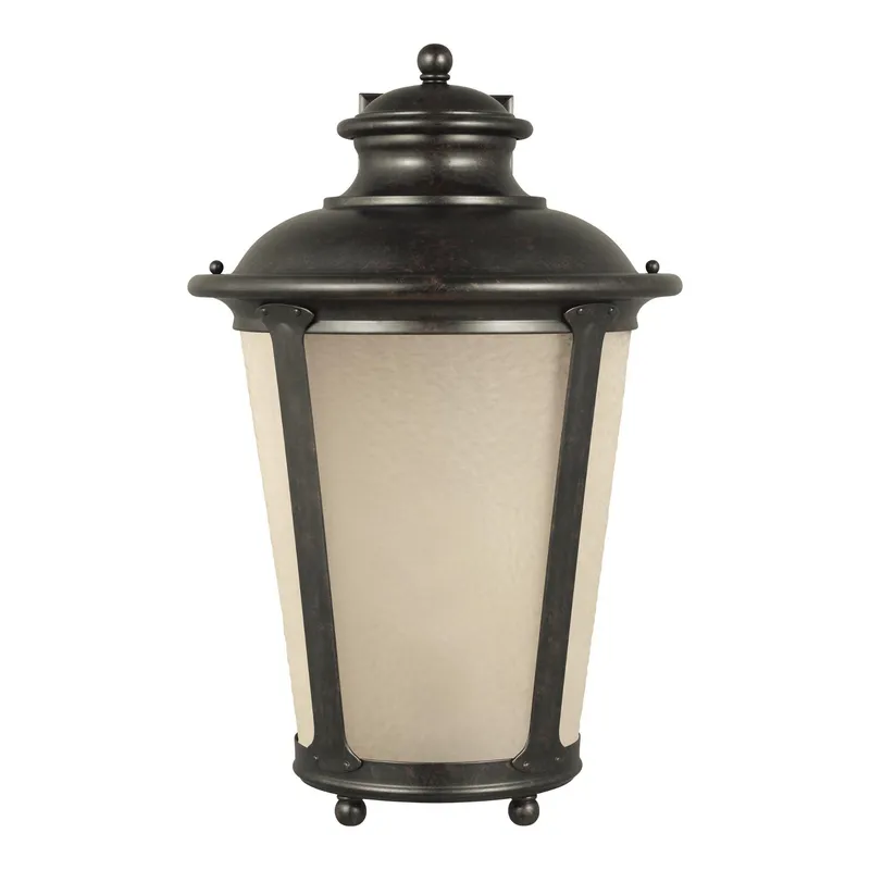 Cape May Extra Large One Light Outdoor Wall Lantern Traditional Fixture 13" Width 20.25" Height Aluminum Round Etched Hammered with Amber Shade in Burled Iron