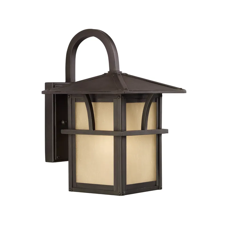 Medford Lakes One Light Outdoor Wall Lantern Transitional Fixture 7" Width 11" Height Aluminum Etched Hammered with Amber Shade in Statuary Bronze