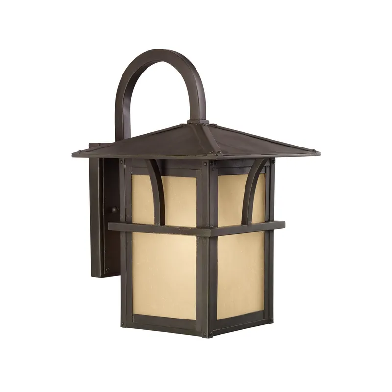 Medford Lakes One Light Outdoor Wall Lantern Transitional Fixture 9" Width 14.25" Height Aluminum Etched Hammered with Amber Shade in Statuary Bronze