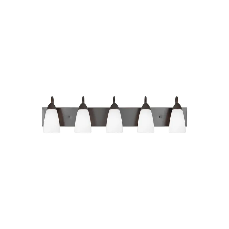Seville Five Light Wall / Bath Transitional Fixture 35.875" Width 8.5" Height Steel Round Etched White Inside Shade in Bronze