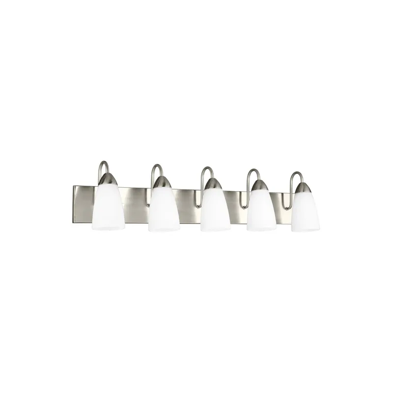 Seville Five Light Wall / Bath Transitional Fixture 35.875" Width 8.5" Height Steel Round Etched White Inside Shade in Brushed Nickel