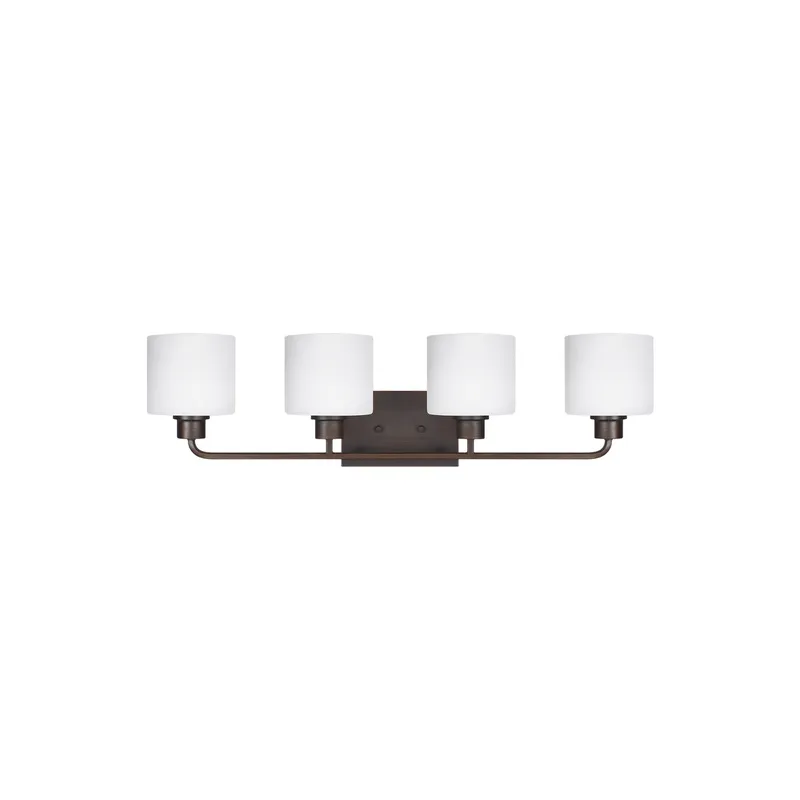 Canfield Four Light Wall / Bath Modern Fixture 31.875" Width 8.375" Height Steel Round Etched White Inside Shade in Bronze