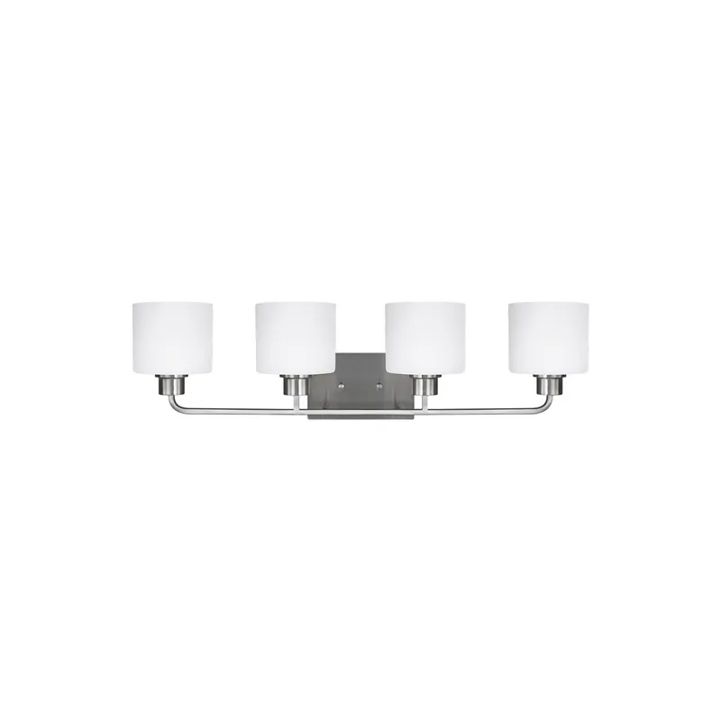 Canfield Four Light Wall / Bath Modern Fixture 31.875" Width 8.375" Height Steel Round Etched White Inside Shade in Brushed Nickel