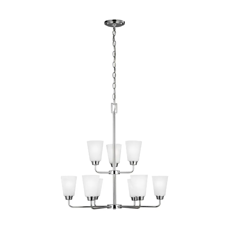 Kerrville Nine Light Chandelier Transitional 29.5" Height Steel Round Satin Etched Shade in Chrome