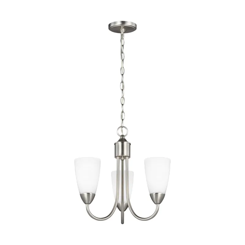 Seville Three Light Chandelier LED Transitional 15.75" Height Steel Round Etched / White Inside Shade in Brushed Nickel