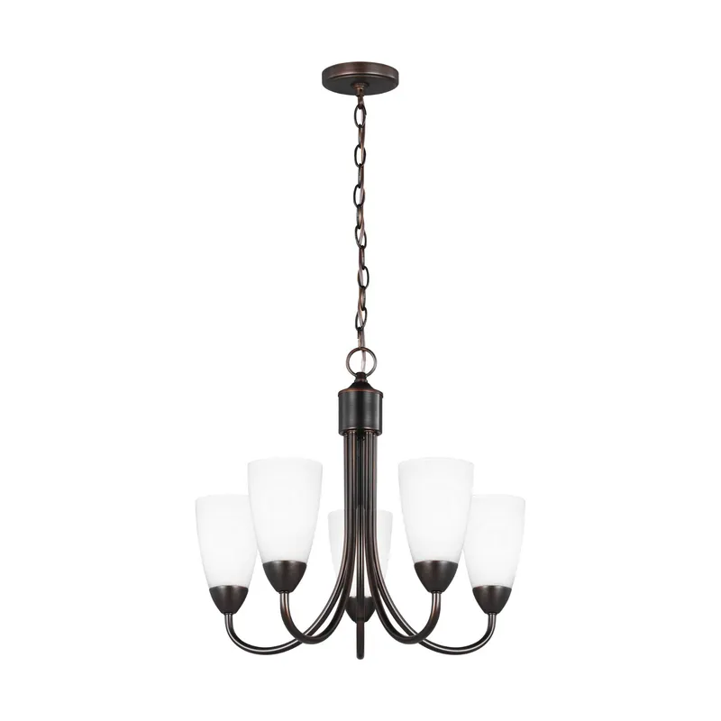 Seville Five Light Chandelier Transitional 17.5" Height Steel Round Etched / White Inside Shade in Bronze