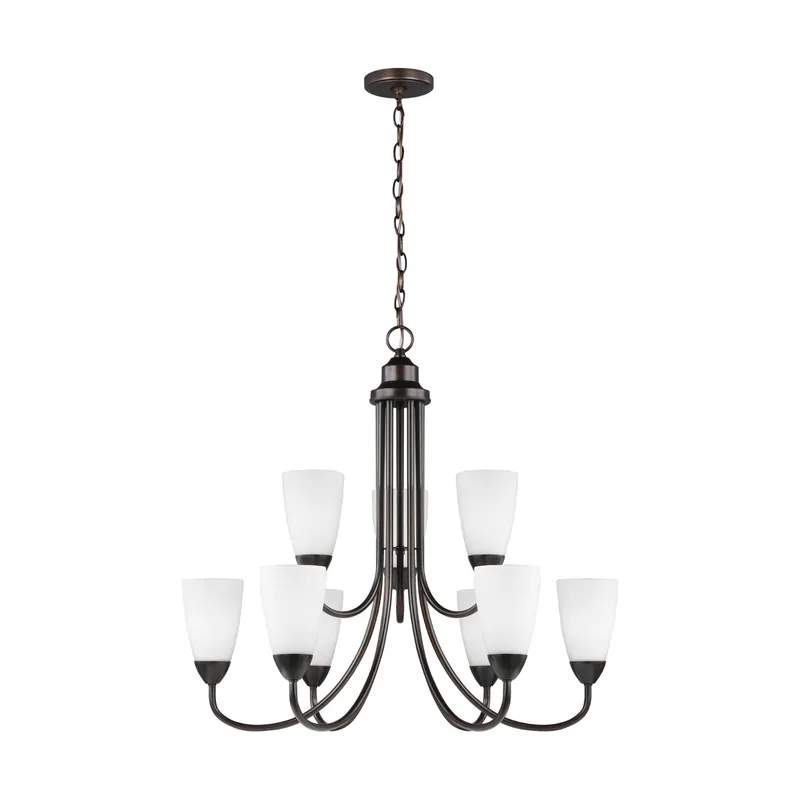 Seville Nine Light Chandelier Transitional 27.125" Height Steel Round Etched / White Inside Shade in Bronze