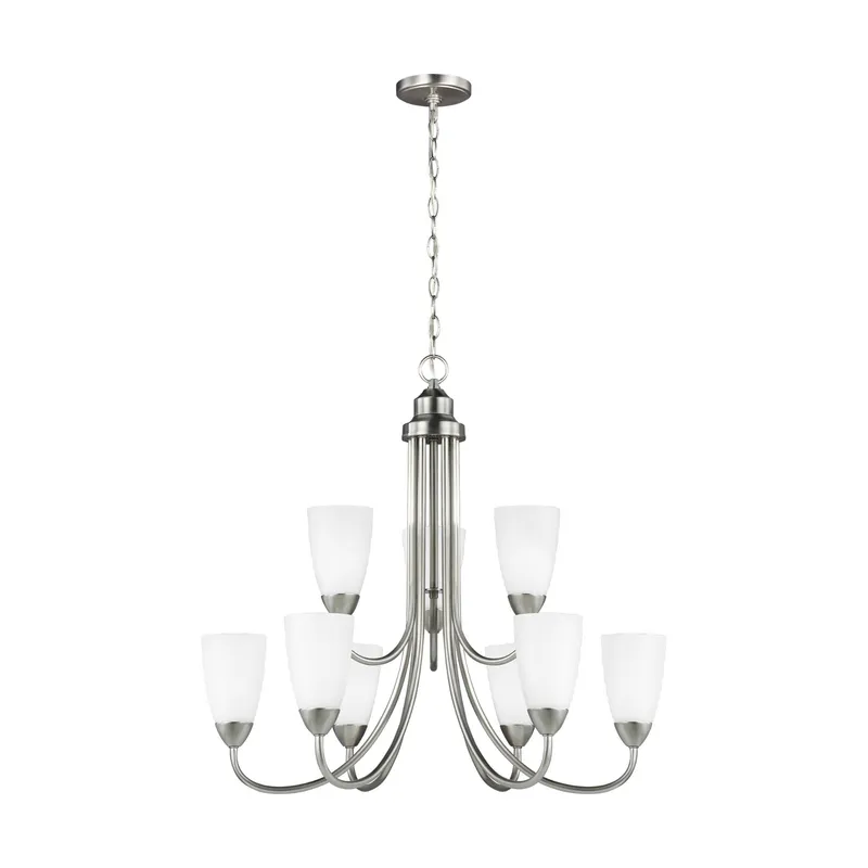 Seville Nine Light Chandelier Transitional 27.125" Height Steel Round Etched / White Inside Shade in Brushed Nickel