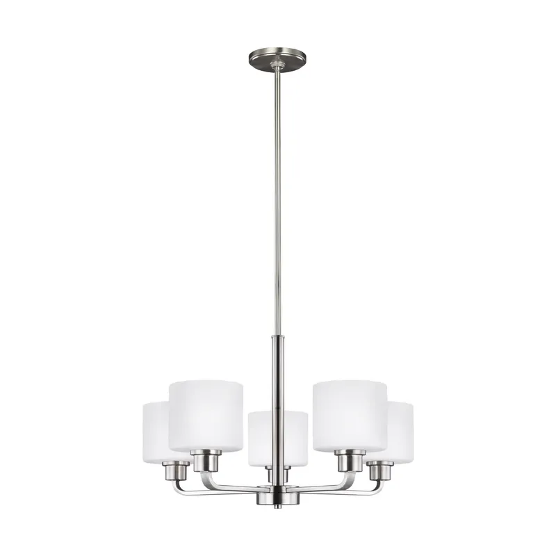 Canfield Five Light Chandelier Modern 14.5" Height Steel Round Etched / White Inside Shade in Brushed Nickel
