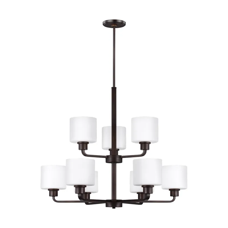 Canfield Nine Light Chandelier Modern 26" Height Steel Round Etched / White Inside Shade in Bronze