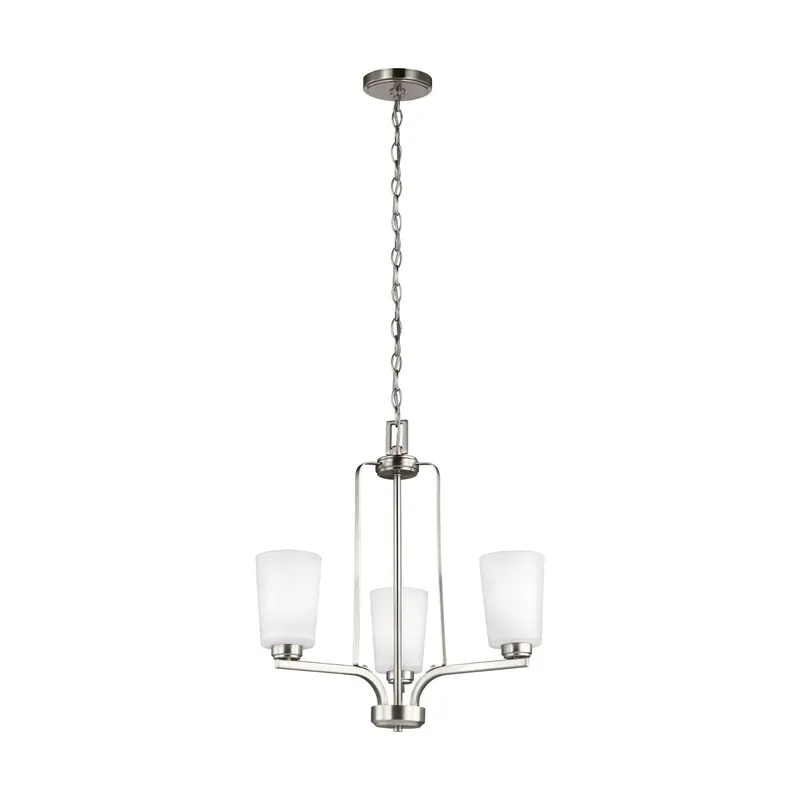 Franport Three Light Chandelier Traditional 21" Height Steel Round Etched / White Inside Shade in Brushed Nickel