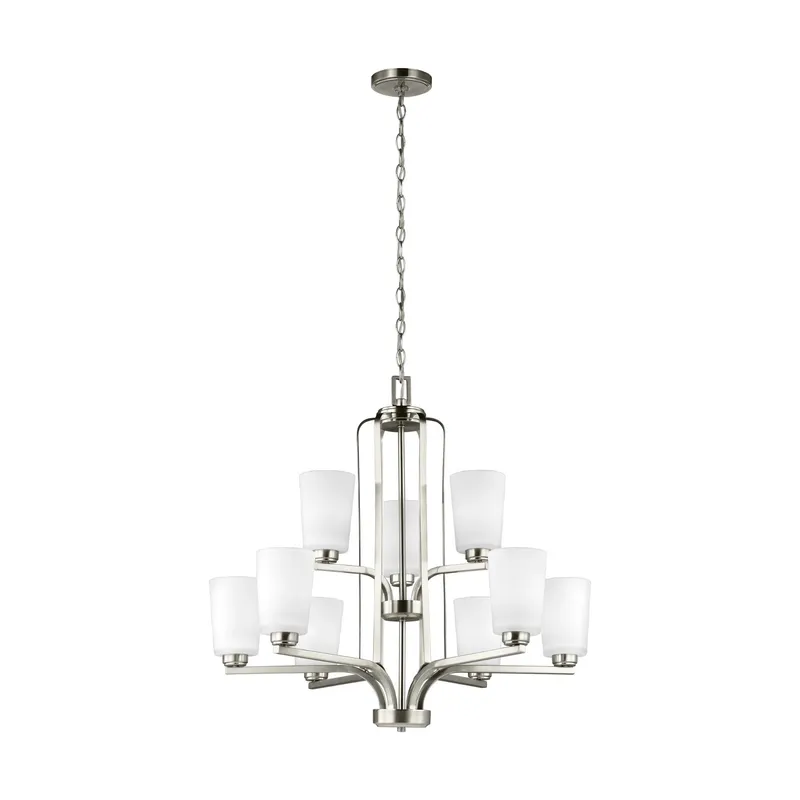 Franport Nine Light Chandelier Traditional 27.625" Height Steel Round Etched / White Inside Shade in Brushed Nickel