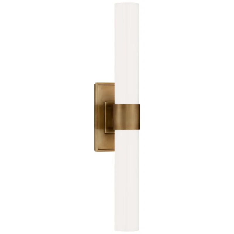Ian K. Fowler Presidio Petite Double Sconce in Hand-Rubbed Antique Brass with White Glass Wall Light W4.75" x H23"