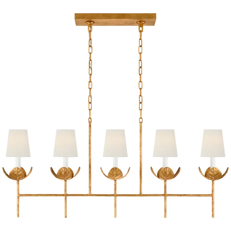 Julie Neill Illana Large Linear Chandelier in Antique Gold Leaf with Linen Shade Ceiling Light W50.5" x 7" x H22.75"