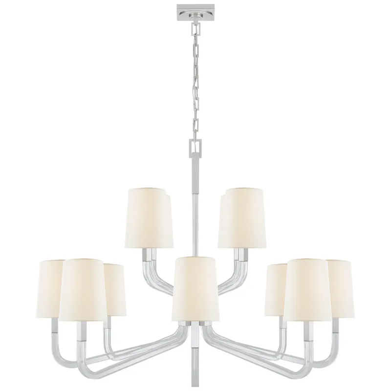 Chapman & Myers Reagan Grande Two Tier Chandelier in Polished Nickel and Crystal with Linen Shades Ceiling Light W44.75" x H35.5"