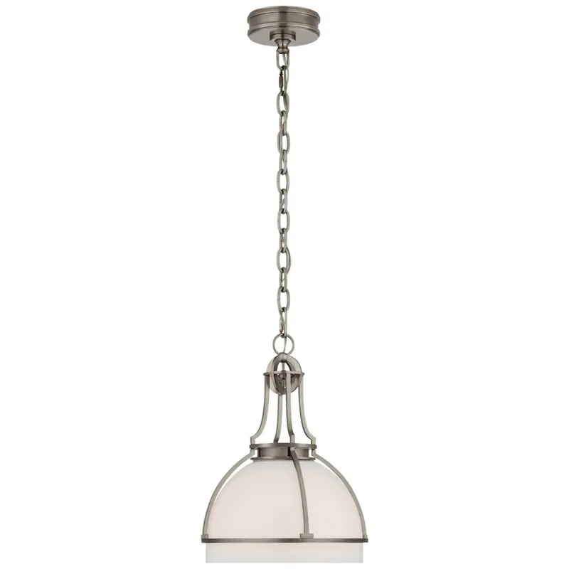 Chapman & Myers Gracie Medium Dome Pendant in Antique Nickel with White Glass Ceiling Light W12" x H16.25"