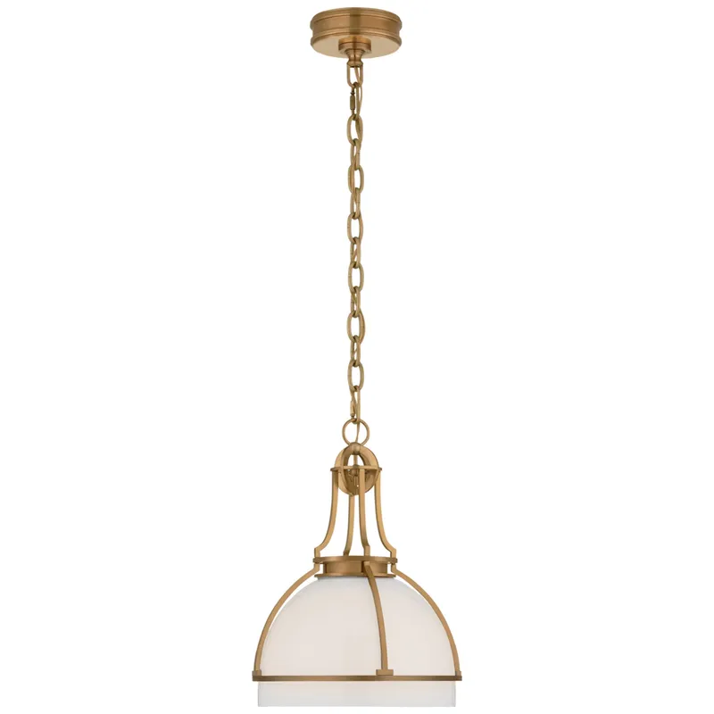 Chapman & Myers Gracie Medium Dome Pendant in Antique-Burnished Brass with White Glass Ceiling Light W12" x H16.25"