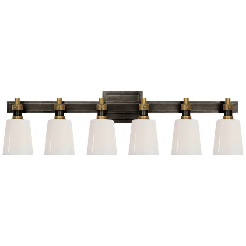 Thomas O'Brien Bryant Six-Light Linear Bath Sconce in Bronze and Hand-Rubbed Antique Brass with White Glass Wall Light W29" x H8"