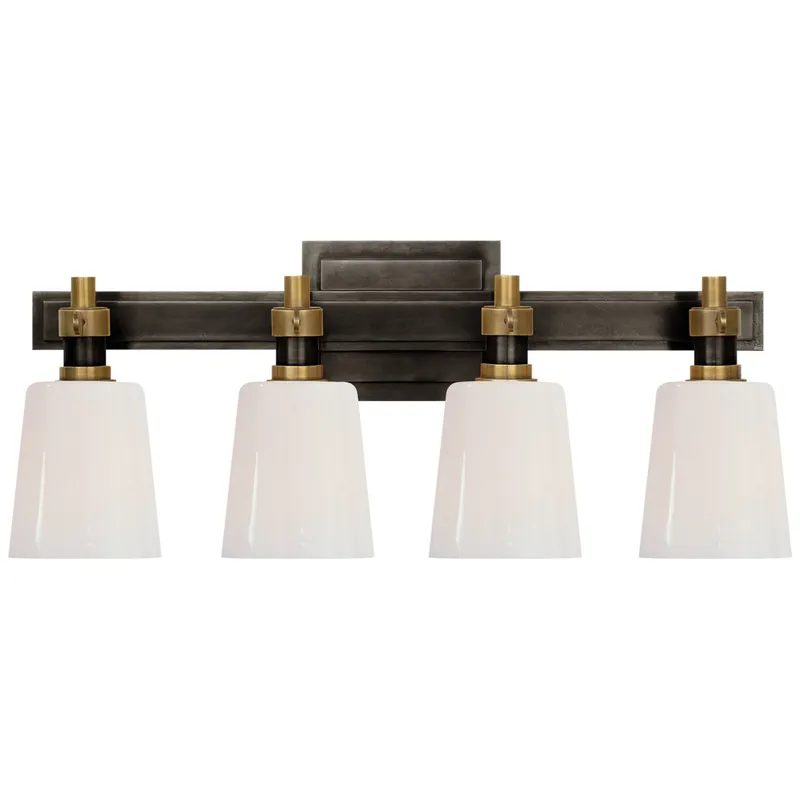 Thomas O'Brien Bryant Four-Light Bath Sconce in Bronze and Hand-Rubbed Antique Brass with White Glass Wall Light W19.5" x H8"