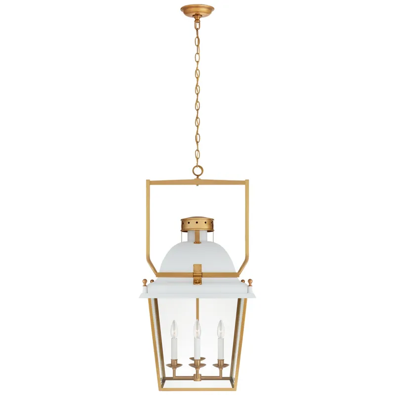 Chapman & Myers Coventry Medium Lantern in Matte White and Antique-Burnished Brass with Clear Glass Ceiling Light W19" x H36.5"