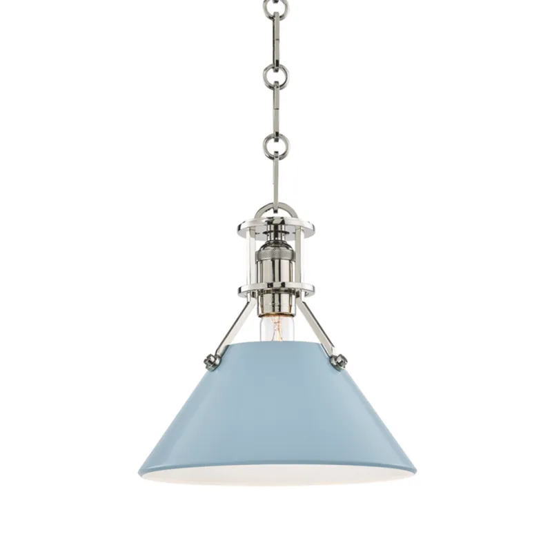 Painted No. 2 1-Light Pendant in Polished Nickel by Mark D. Sikes 9.5W x 9.25H (Blue Bird)