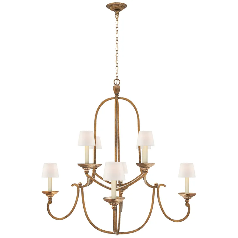 Chapman & Myers Flemish Medium Round Chandelier in Gilded Iron with Linen Shades Ceiling Light W37.75" x H36.5"