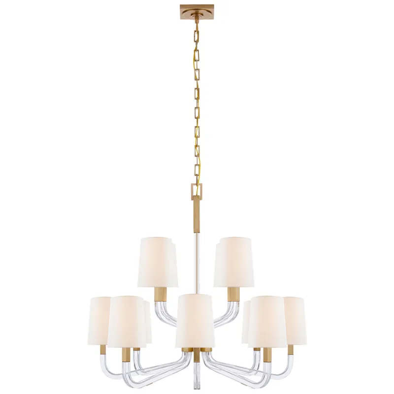 Chapman & Myers Reagan Medium Two Tier Chandelier in Antique-Burnished Brass and Crystal with Linen Shades Ceiling Light W37" x H29.75"