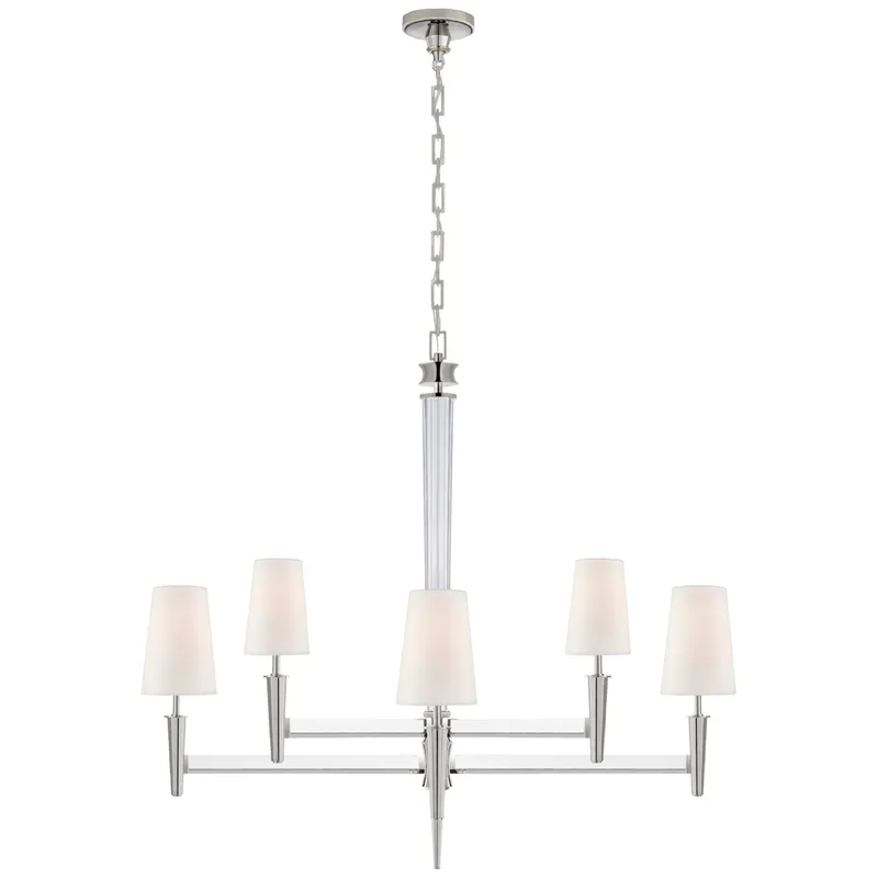 Thomas O'Brien Lyra Two Tier Chandelier in Polished Nickel and Crystal with Linen Shades Ceiling Light W42.5" x H39"