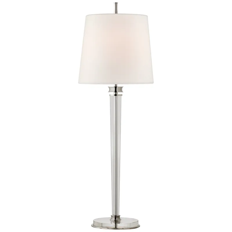 Thomas O'Brien Lyra Buffet Lamp in Polished Nickel and Crystal with Linen Shade Table Lamp W12" x H35.75"