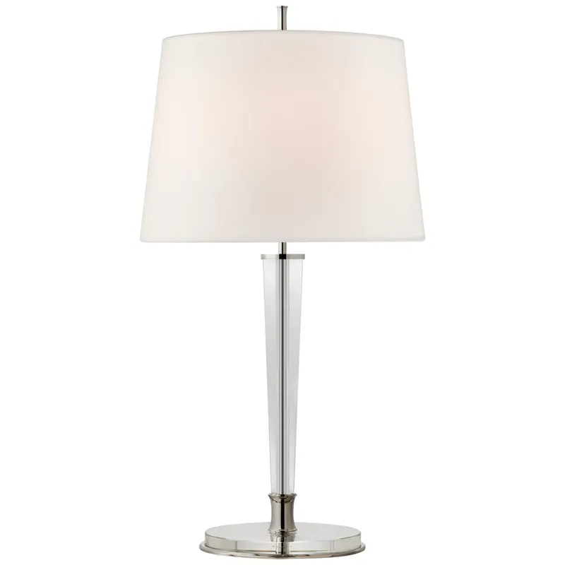Thomas O'Brien Lyra Large Table Lamp in Polished Nickel and Crystal with Linen Shade W17" x H31.5"