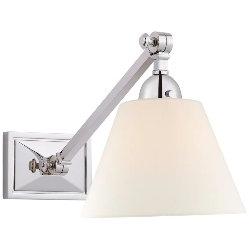 Alexa Hampton Jane Single Library Wall Light in Polished Nickel with Linen Shade W7.5" x H8.75" - 9.75"