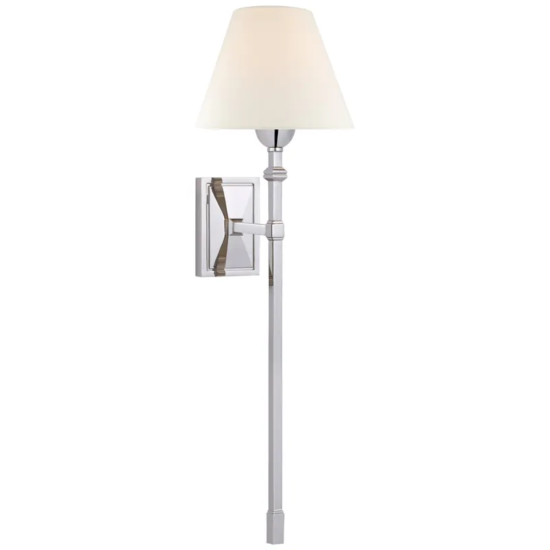 Alexa Hampton Jane Large Single Tail Sconce in Polished Nickel with Linen Shade Wall Light W7.75" x H25.5"
