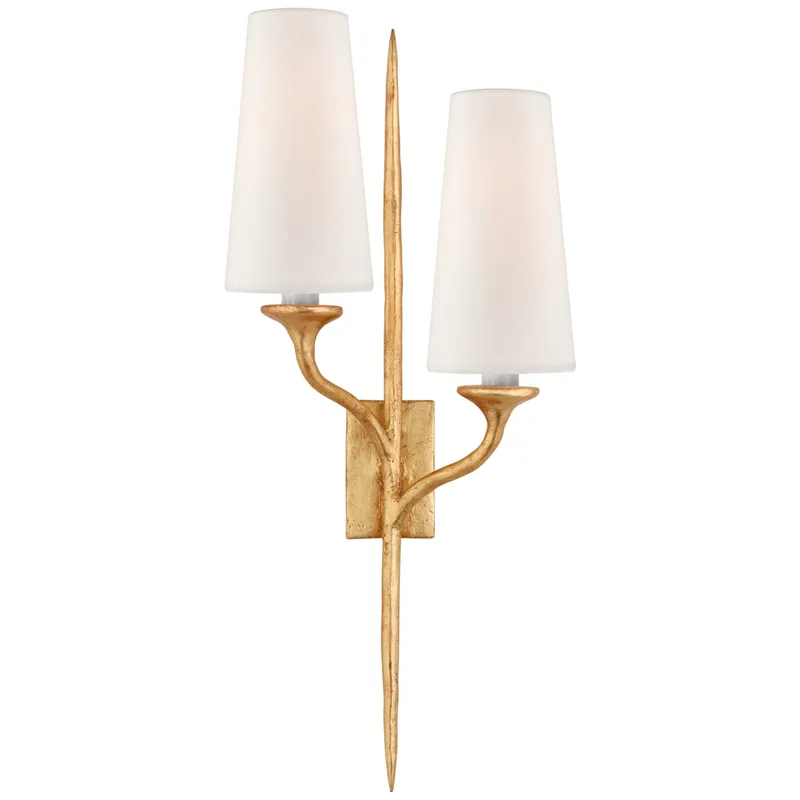 Julie Neill Iberia Double Left Sconce in Antique Gold Leaf with Linen Shades Wall Light W11" x H24"