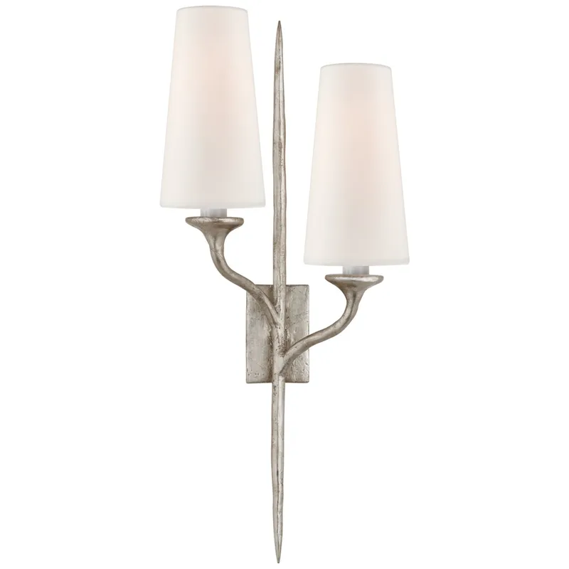 Julie Neill Iberia Double Left Sconce in Burnished Silver Leaf with Linen Shades Wall Light W11" x H24"