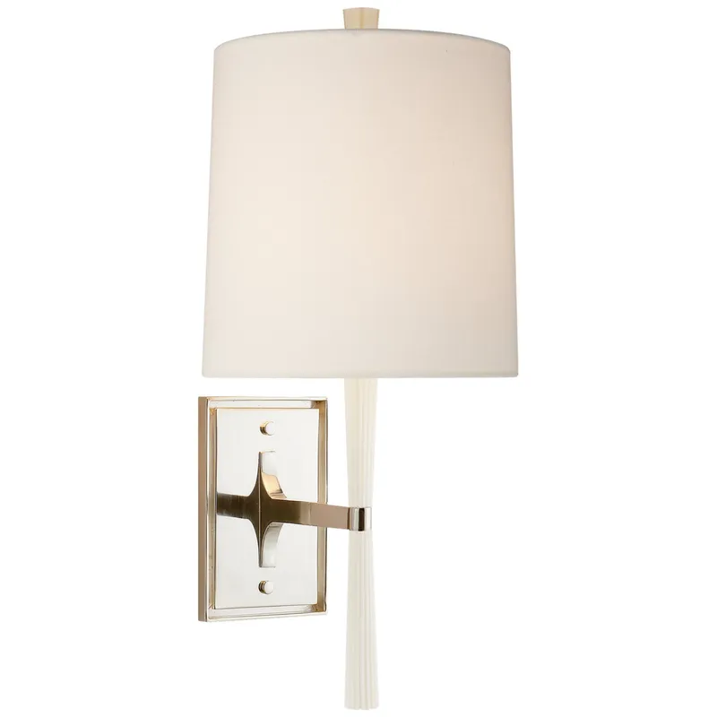 Barbara Barry Refined Rib Sconce in China White and Polished Nickel with Linen Shade Wall Light W7.75" x H16.75"