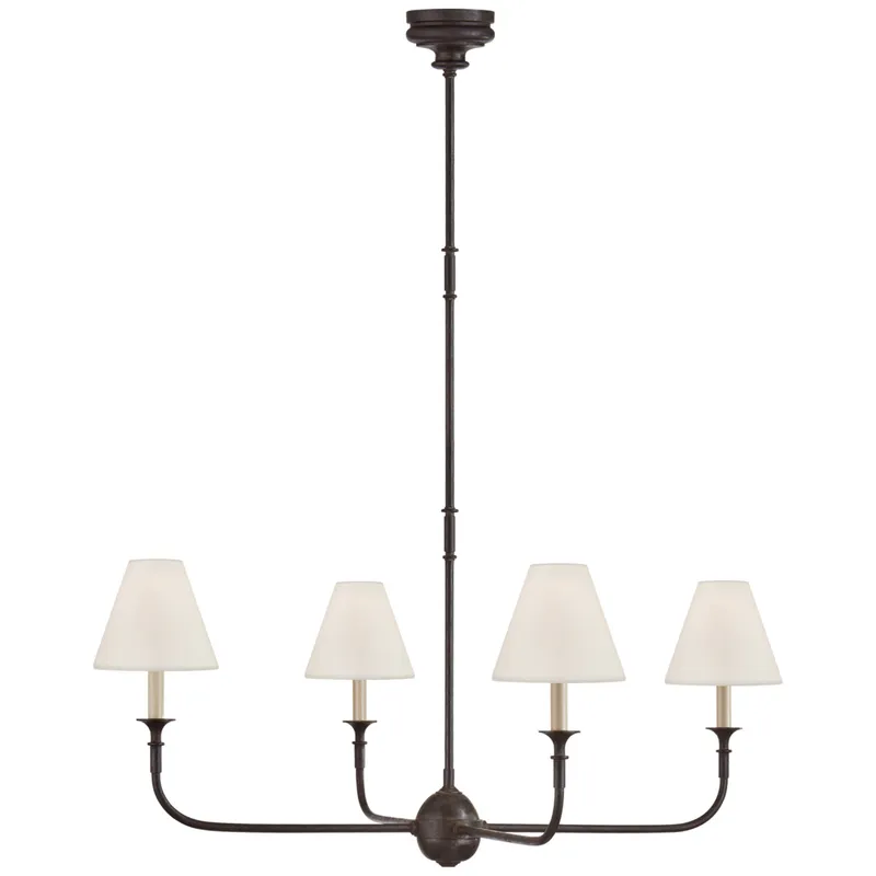 Thomas O'Brien Piaf Large Chandelier in Aged Iron and Ebonized Oak with Linen Shades Ceiling Light W39"