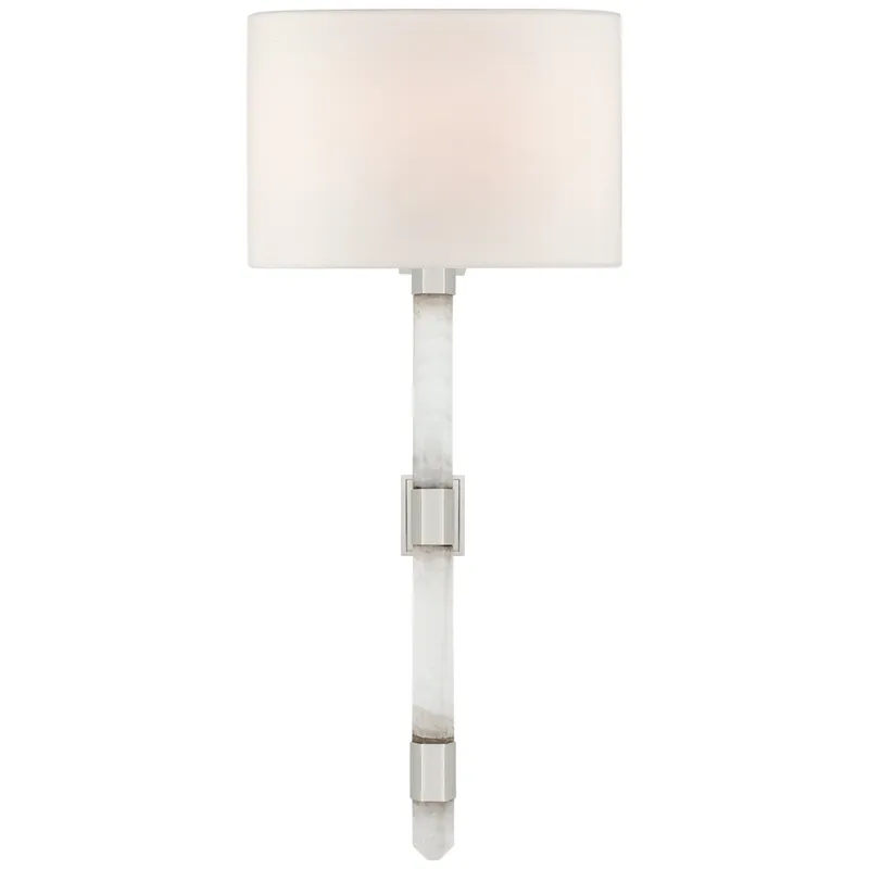 Suzanne Kasler Adaline Medium Tail Sconce in Polished Nickel and Quartz with Linen Shade Wall Light W10" x H22.25"