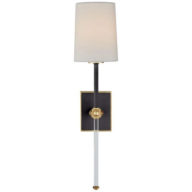 Julie Neill Lucia Medium Tail Sconce in Matte Black and Crystal with Linen Shade Wall Light W5.5" x H20.75"