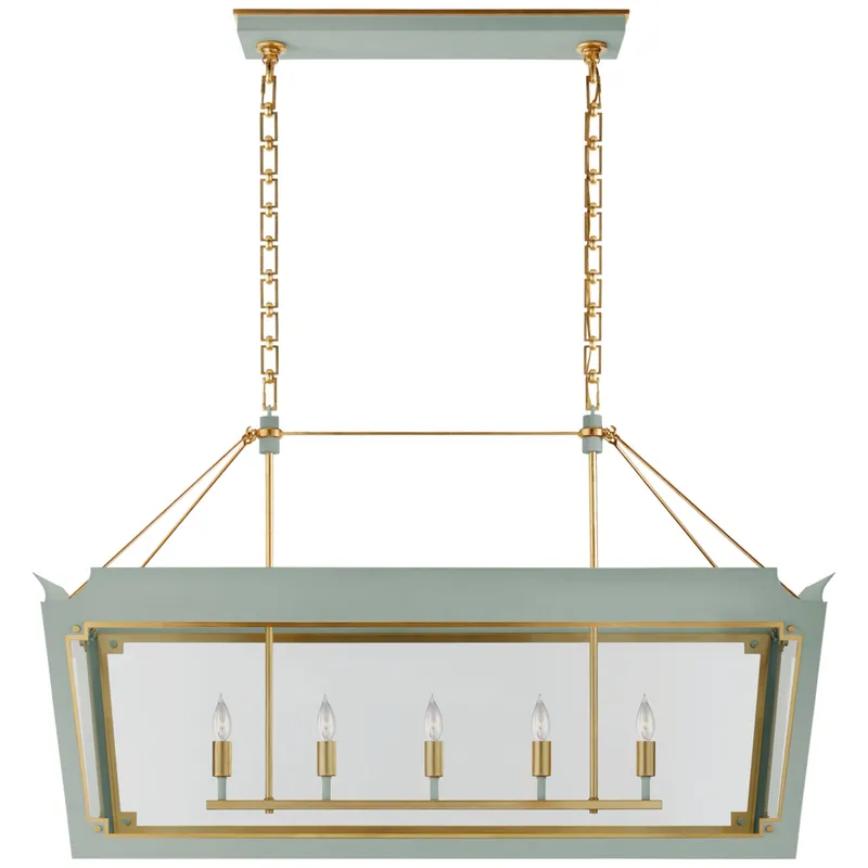 Julie Neill Caddo Medium Linear Lantern in Celadon and Gild with Clear Glass Ceiling Light W46.5" x 18.5" x H28.5"